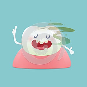 Halitosis concept of cartoon tooth with bad breath on the green background photo