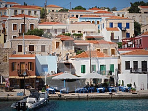 Halki is a Greek island and municipality in the Dodecanese archipelago in the Aegean Sea,nice colored houses-romantic