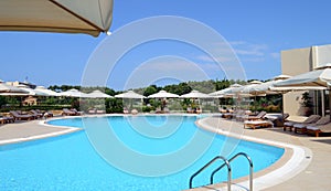 Halkidiki, Greece - July 14 2018: Outdoor pool at Sani luxury hotel complex in Kassandra, Chalkidiki