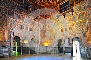 Hall of Ambassadors ornate interior in the Royal Alcazar of Seville, Andalusia, Spain