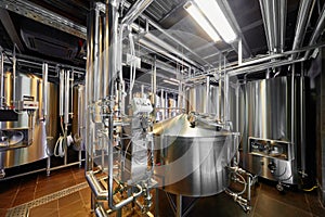 Hall with brewing equipment - tanks and