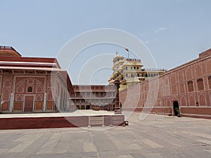 Hall with columns of Sattais Katcheri at Amer Fort is located in Amer, not far from Jaipur, Rajasthan state, India. Located high