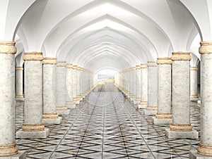 Sala colonna un arcuato il soffitto  tridimensionale illustrazioni  un'immagine tridimensionale creata utilizzando un modello computerizzato 