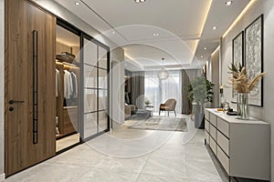 Hall with corridor and wardrobe in contemporary style