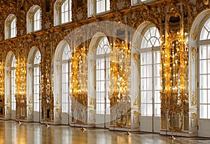 Hall decorated with gold leaf with high ceiling and large windows