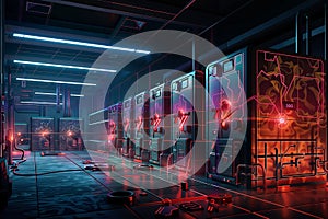 Hall of high-voltage switchgear with neon lights. 3D rendering, generative ai