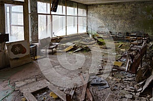 Hall in hospital, dead ghost town of Pripyat in alienation zone of Chernobyl nuclear power plant, Ukraine