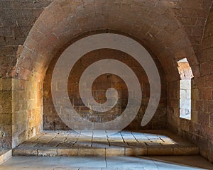 Hall at Mamluk era historic Prince Taz palace with vaulted stone bricks ceiling, Cairo, Egypt photo