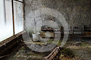 Hall in medical sanitary unit No. 126, abandoned ghost town of Pripyat Chernobyl nuclear power plant exclusion zone, Ukrai