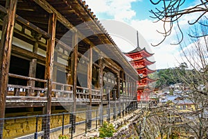 Hall of One Thousand Tatami Mats and Five-Storied Pagoda on the Island of Itsukushima in Hiroshima Bay