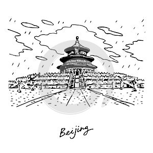 The Hall of Prayer. Beijing, China. Graphic illustration