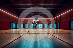 hall wall background interior corridor indoor basketball game empty neon futuristic arena. Generative AI.