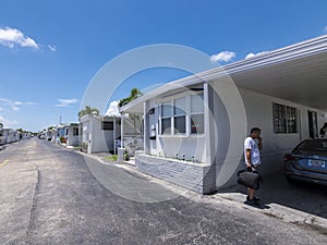 Hallandale Beach, Florida, USA. Street view of a typical Manufactured home community in South Florida