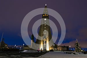 Hallgrimskirkja Cathedral in Reykjavik, Iceland at twilight.