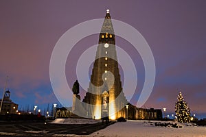 Hallgrimskirkja Cathedral in Reykjavik, Iceland at twilight.