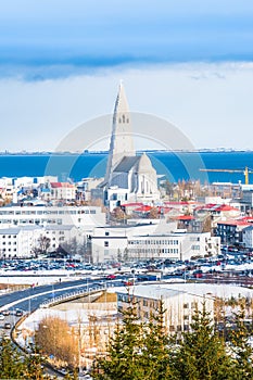 Hallgrimskirkja Cathedral with skyline in Reykjavik Iceland photo