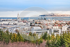 Hallgrimskirkja Cathedral with skyline in Reykjavik Iceland photo