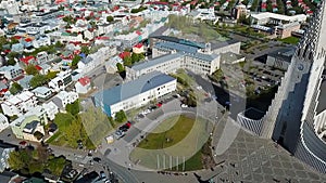 Hallgrimskirkja church Iceland Reykjavik architecture. Aerial video footage. down town from the top. Aerial dron video