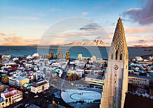 HallgrÃÂ­mskirkja church and Reykjavik cityscape in Iceland aerial photo