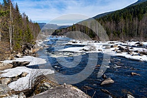 Hallingdalselva, a river in the Hallingdal valley in County Buskerud. Spring snow thaw