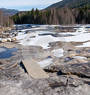 Hallingdalselva, a river in the Hallingdal valley in County Buskerud. Spring snow thaw