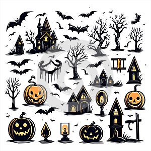 Hallo ween icons, set of hallo ween bundle and elements, white background. Vector illustration.