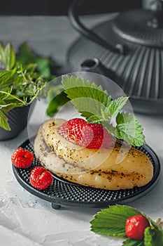 Halloumi cheese with strawberries. Unconventional supply of Halloumi cheese. Farm natural product