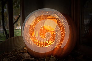 Hallowe`en pumpkin carved in Day of the Dead style