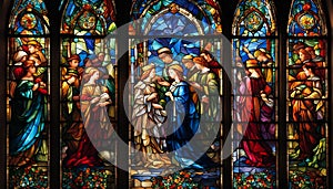 Stained glass window in a church with classical religious scenes