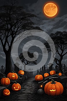 Halloweeen night at cemetery with pumpkins under the moon