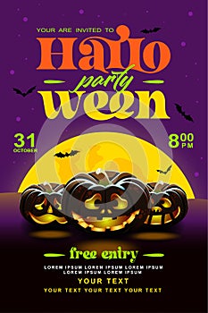 Halloween party invitation flyer poster with purple background.