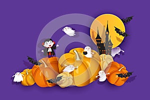 Halloween 3d design, papercut ghoul, vampire, bat, pumpkin, spook, castle