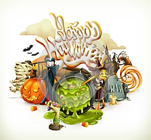 Halloween 3d invitation. Pumpkin, witch, vampire, candy corn. Set of cartoon characters and objects