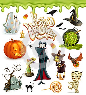 Halloween 3d vector icons. Pumpkin, ghost, spider, witch, vampire, candy corn. Set of cartoon characters and objects