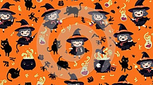 Halloween Seamless Pattern with Cute Witches, Black Cats, and Potions
