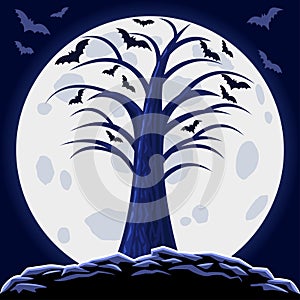 Halloween abstract background with moon and scary tree.