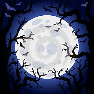 Halloween abstract background with moon and scary tree brushes.