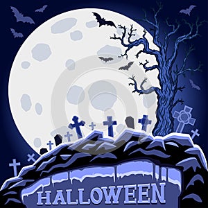 Halloween abstract background with moon and tree on cemetery.