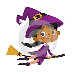 Halloween African-American flying little witch. Girl kid in halloween costume flying over the moon. Retro vintage