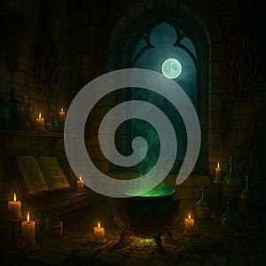 Halloween alchemist lab with moonlit window, glowing cauldron and spellbook Ã¢â¬' AI generated