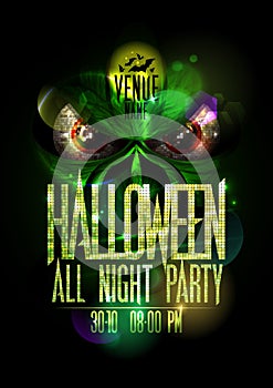 Halloween all night party poster with green evil beast and red eyes