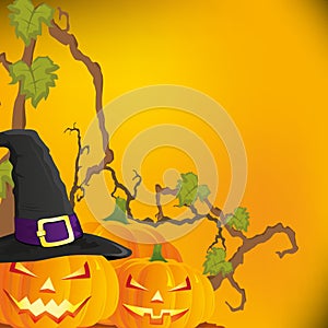 Halloween autumn background with three pumpkins,
