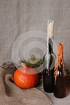 Halloween autumn still life. Pumpkin, candles in bottles, herbs. Light canvas background