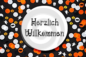 Halloween or Autumnal Decoration With Text Herzlich Willkommen