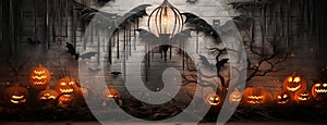 Halloween backdrop with bric wall and scary creatures