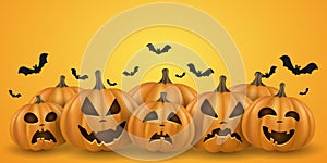 Halloween background with 3d emotional cartoon cute smiling pumpkins with bats. Holiday design for cover, banner, party poster