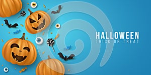 Halloween background with 3d emotional cartoon smiling pumpkins and decorative eyes, sweets, lollipops, bats. Holiday design for