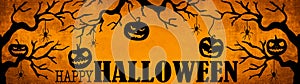 HALLOWEEN background banner wide panoramic panorama template -Silhouette of scary carved luminous cartoon pumpkins and spiders