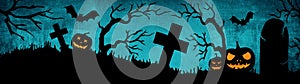 HALLOWEEN background banner wide panoramic panorama template -Silhouette of scary carved luminous cartoon pumpkins, trees, bat and