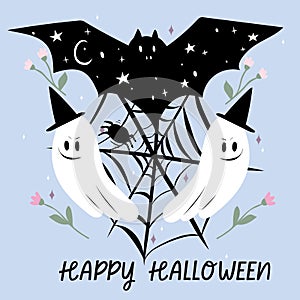 Halloween background with bat, ghost and spider web. Spooky illustration.
